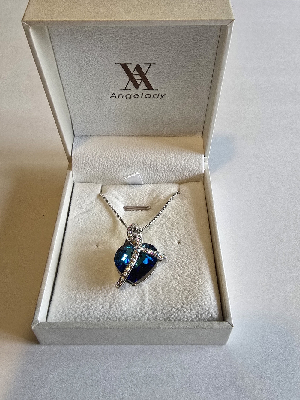 Angel Blue Heart Pendant Necklace with Crystal Accents